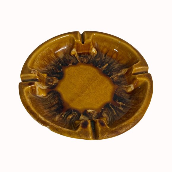 MCM Retro 60s Ashtray USA Pottery Drip Glazed VTG Mustard Yellow Brown Grooves - Picture 11 of 12